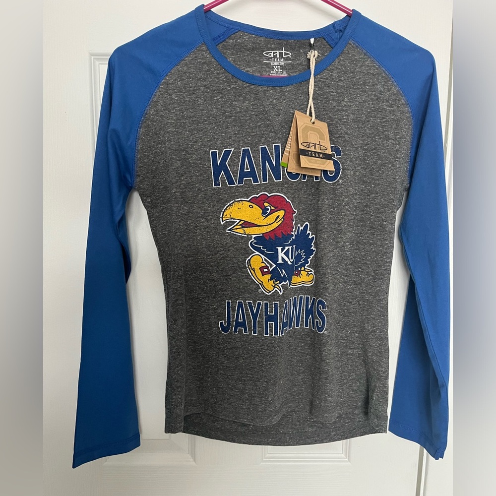 -NWT Kansas University Jayhawk Graphic Jersey T Shirt XL Age 11-12 Blue Gray